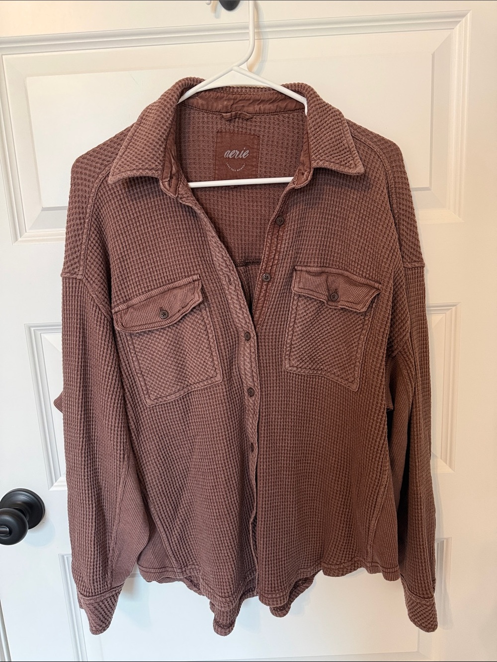 aerie Waffle-Knit Button-Front Cardigan in Brown